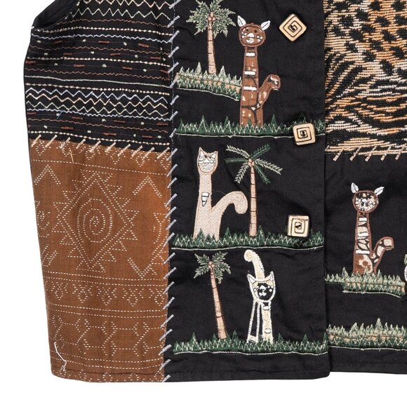Life Style VTG Vest L Womens Black Cats Leopard Zebra Print Safari Embroidery - Picture 4 of 6